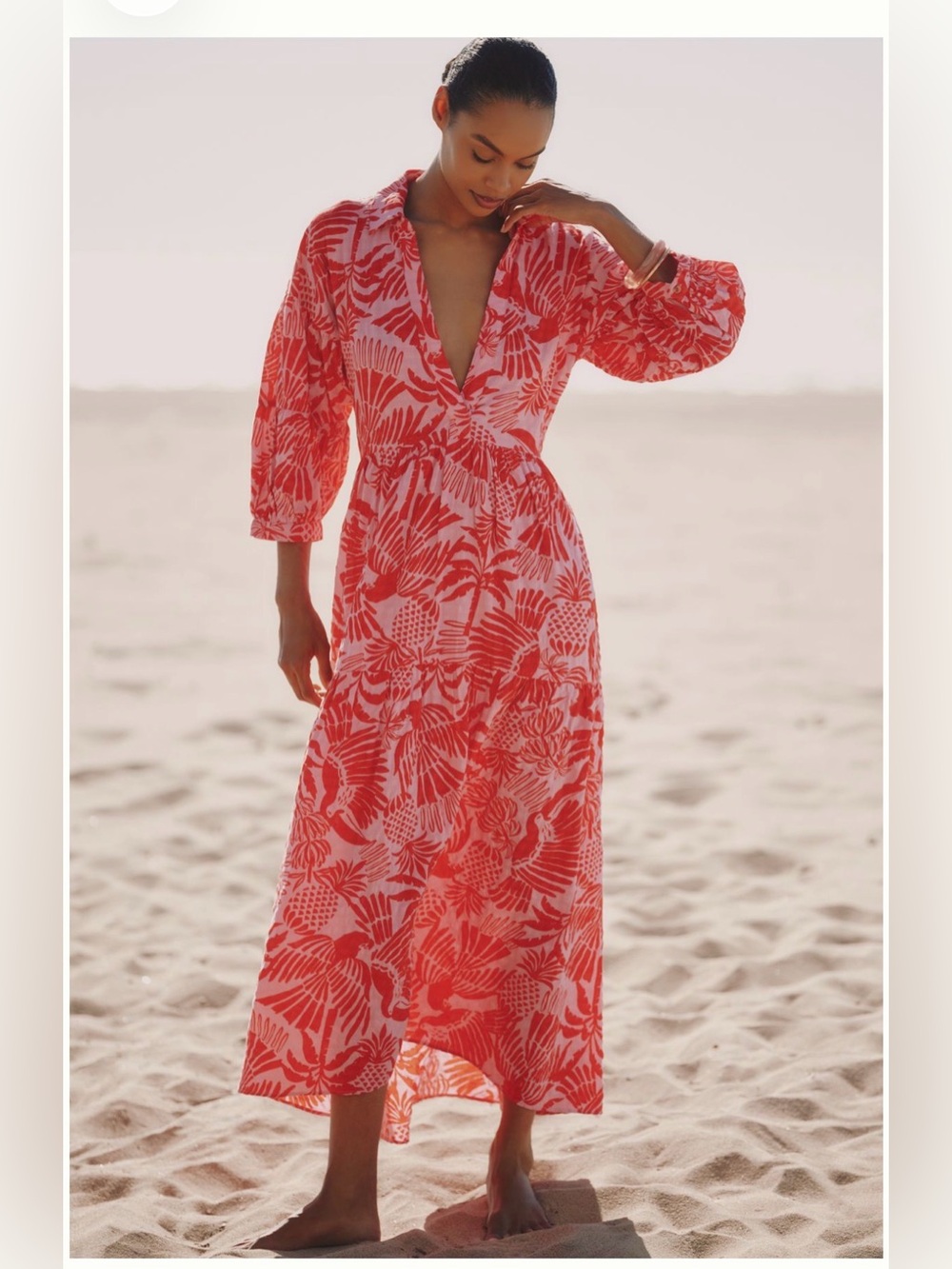 NWT Anthropologie Women's Red Tropical Print Beach Maxi Dress S